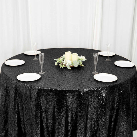 Sequin 120" Round Tablecloth Black - Seamless Glittering Table Cover