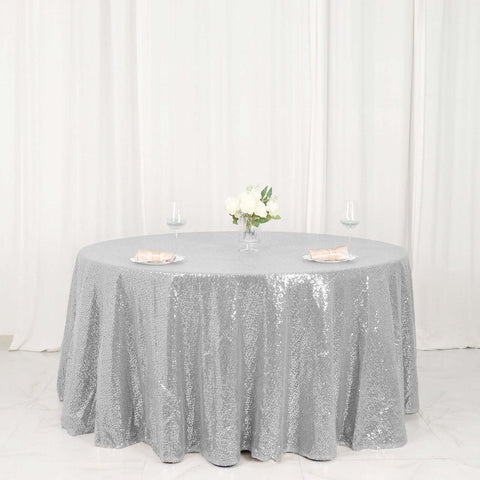 Sequin 120" Round Tablecloth Silver - Seamless Glittering Table Cover