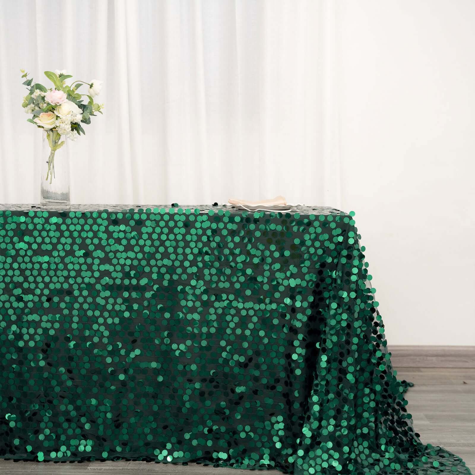 Sequin 90"x132" Rectangle Tablecloth Hunter Emerald Green - Seamless Big Payette Table Cover