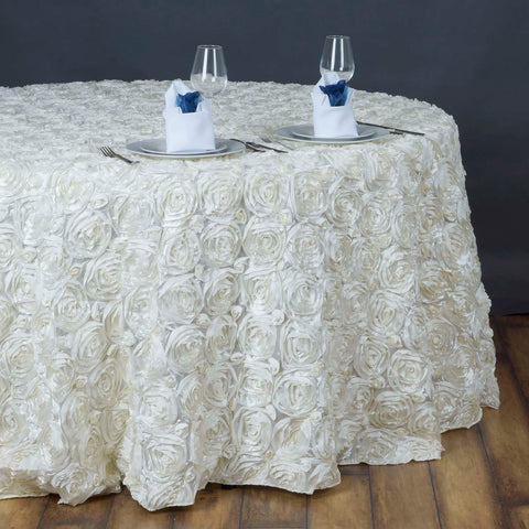 Satin 132" Round Tablecloth Ivory - Seamless Grandiose 3D Rosette Table Cover
