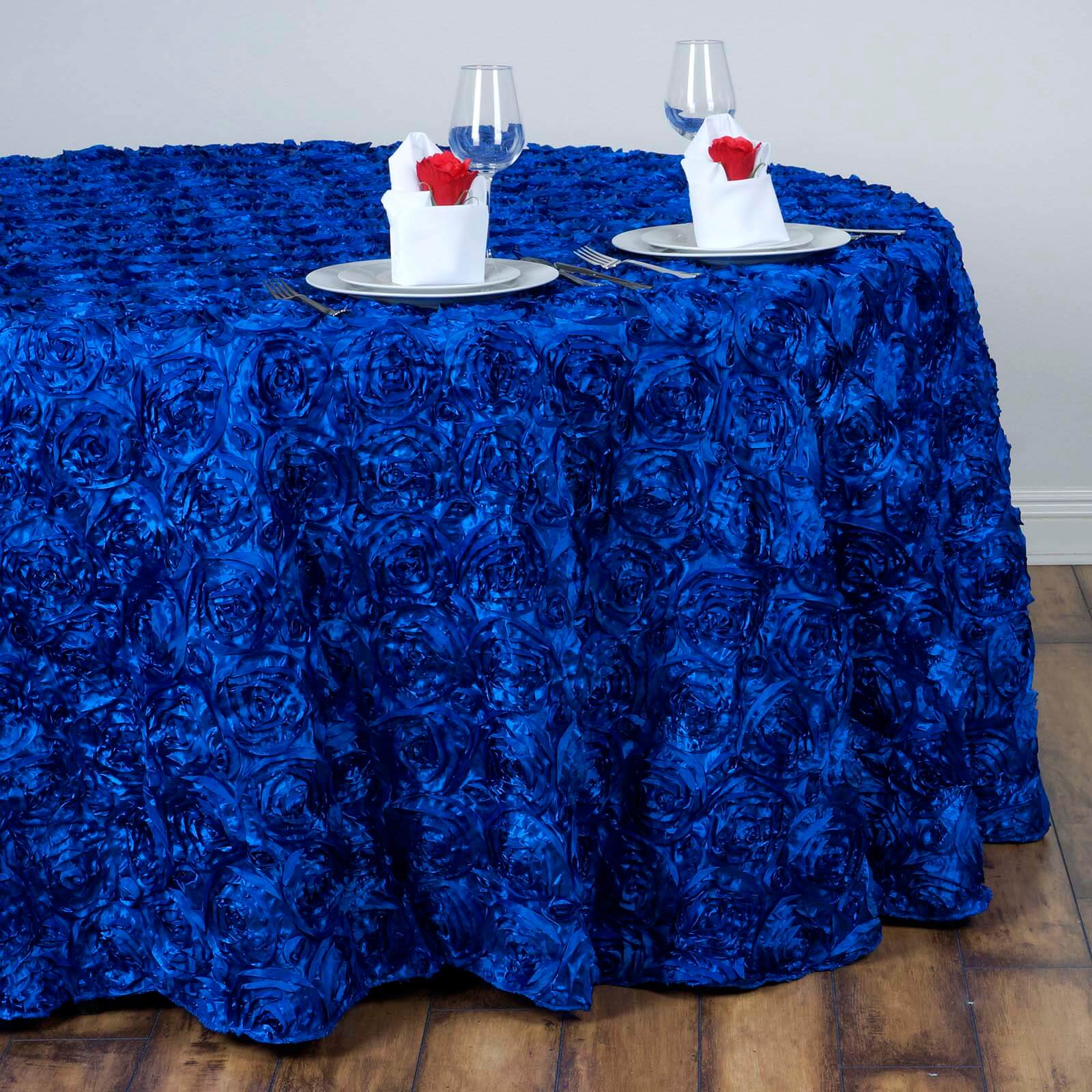 Satin 132" Round Tablecloth Royal Blue - Seamless Grandiose 3D Rosette Table Cover