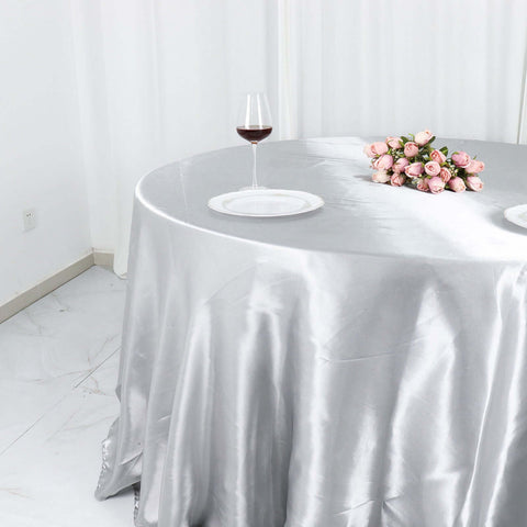 Satin 132" Round Tablecloth Silver - Stylish Seamless Table Cover