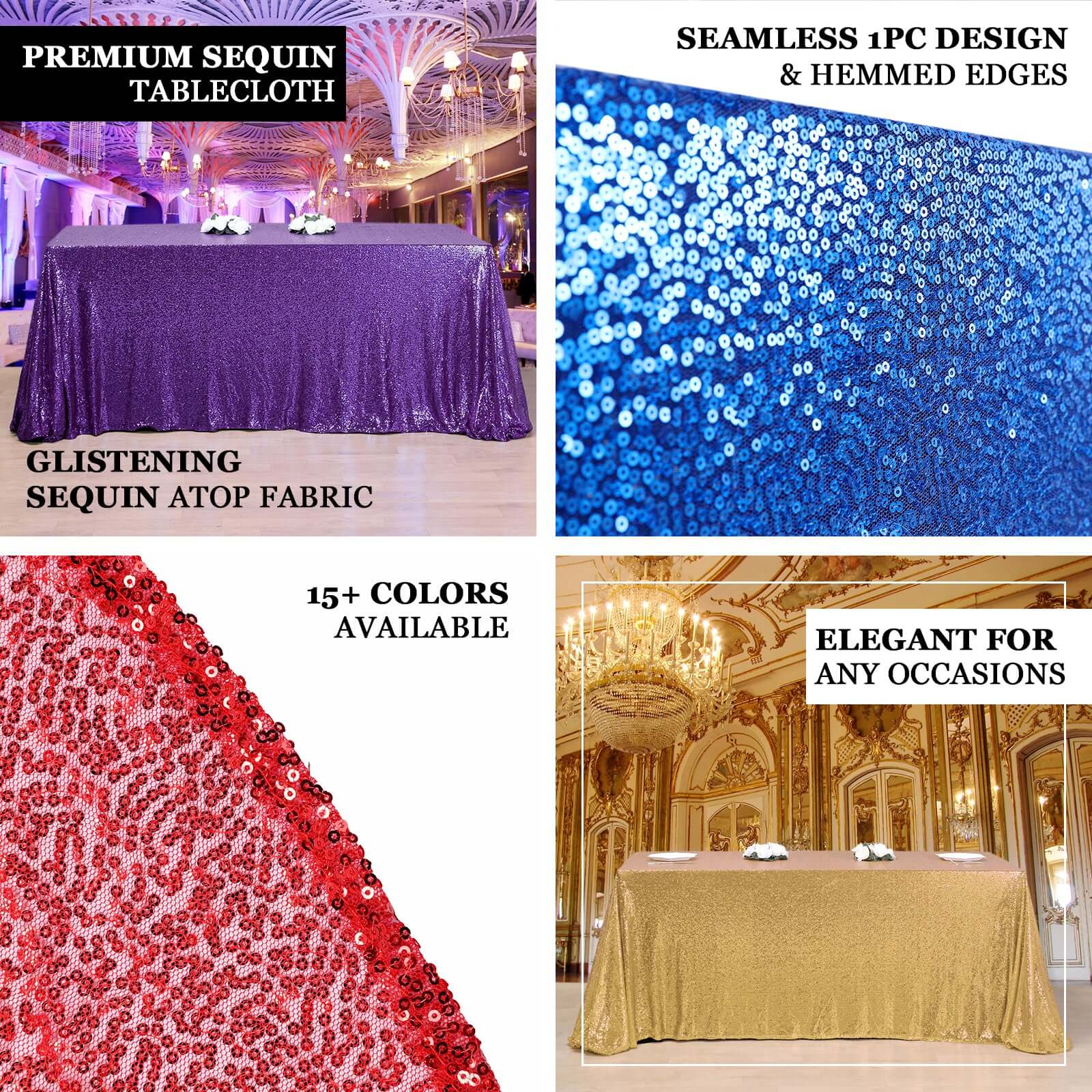 Sequin 90"x132" Rectangle Tablecloth Royal Blue - Seamless Sparkly Table Cover