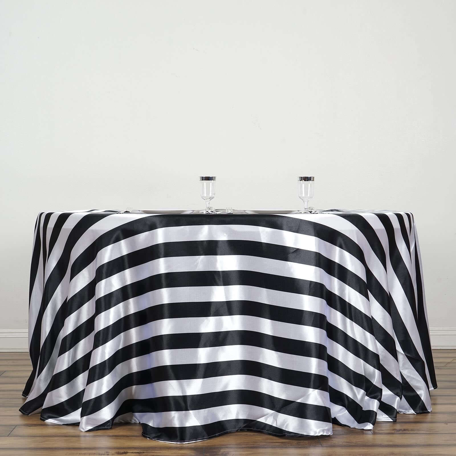 Satin 120" Round Tablecloth Black/White - Stripe Design with Seamless Silky Smooth Finish Table Cover