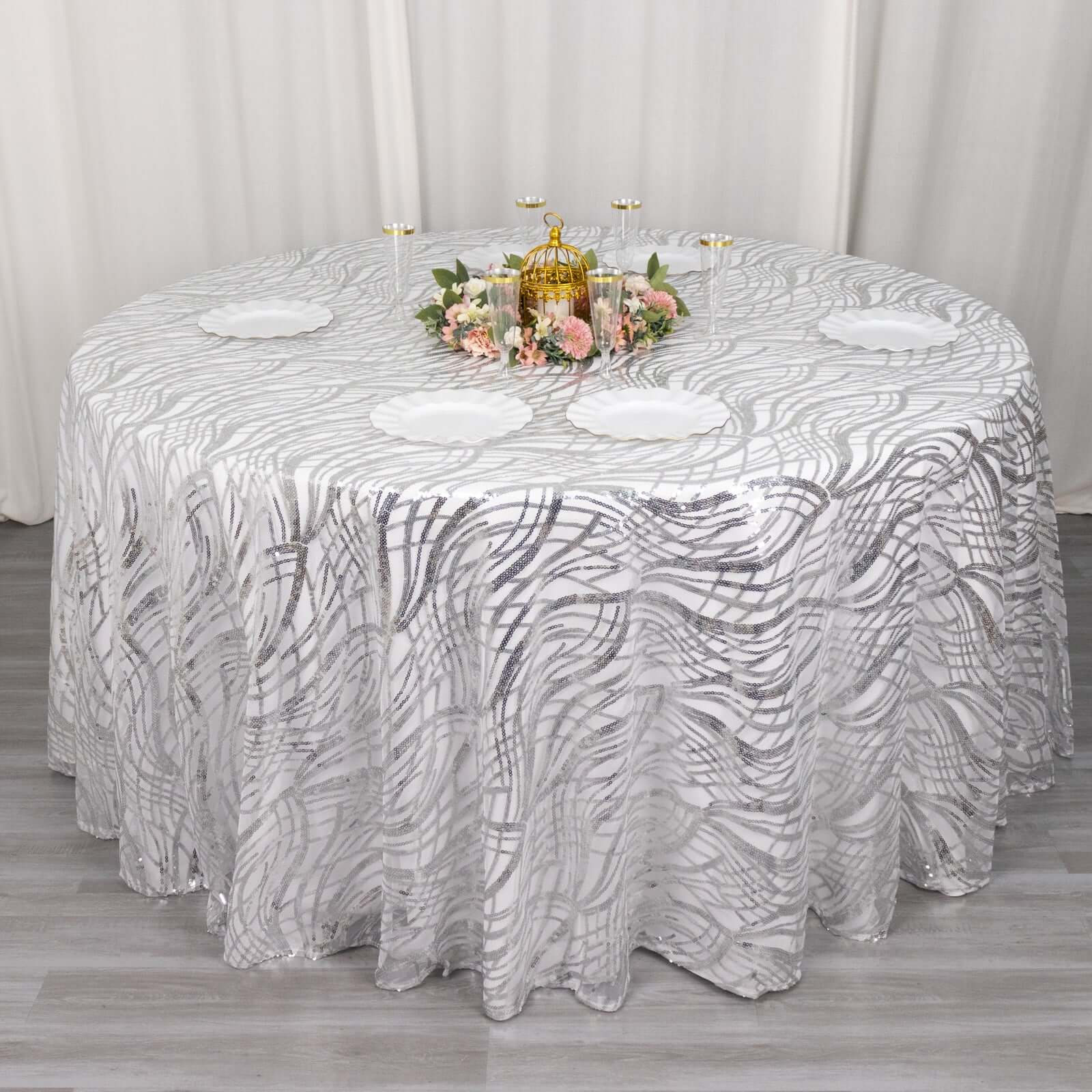 Sequin Mesh 120" Round Tablecloth Silver - Seamless Wave Embroidered Table Cover
