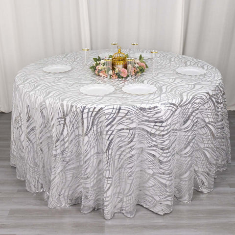 Sequin Mesh 120" Round Tablecloth Silver - Seamless Wave Embroidered Table Cover