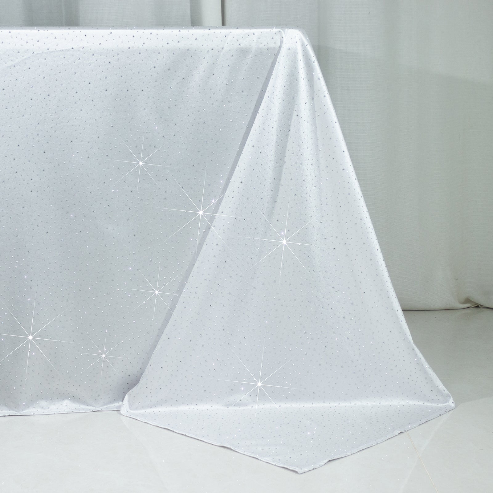 Scuba Rectangular Tablecloth 90"×156" White with Rhinestone Accents – Seamless, Wrinkle-Free, Stain-Resistant Event Linen