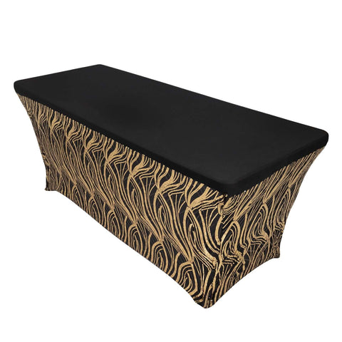Sequin Stretch Spandex 72"x30" Rectangle Tablecloth Black/Gold Wave Embroidered Design Four-Way Stretch Shimmering Table Cover for Luxe Event Decor