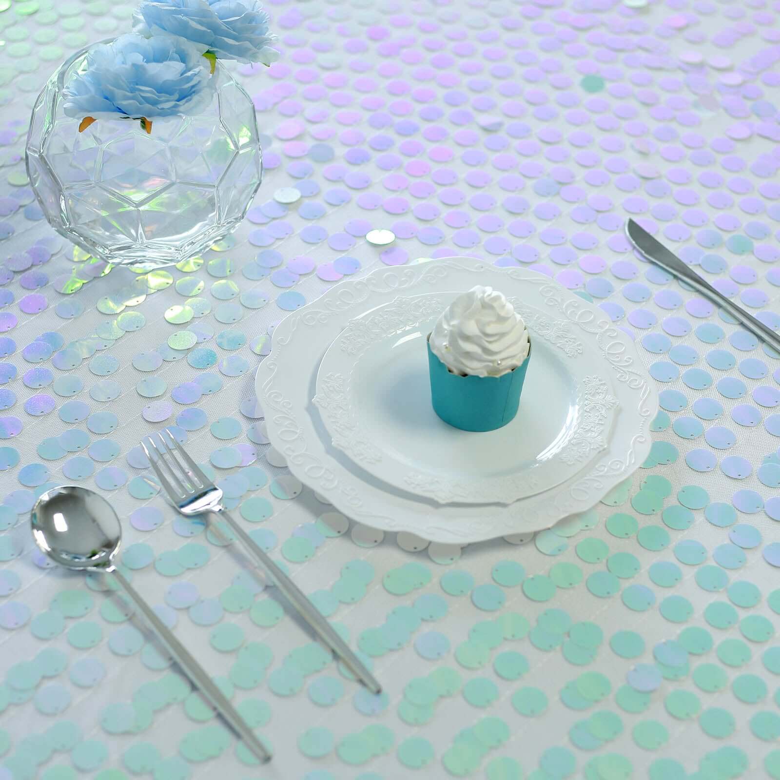 Sequin 90"x132" Rectangle Tablecloth Iridescent Blue - Seamless Big Payette Table Cover