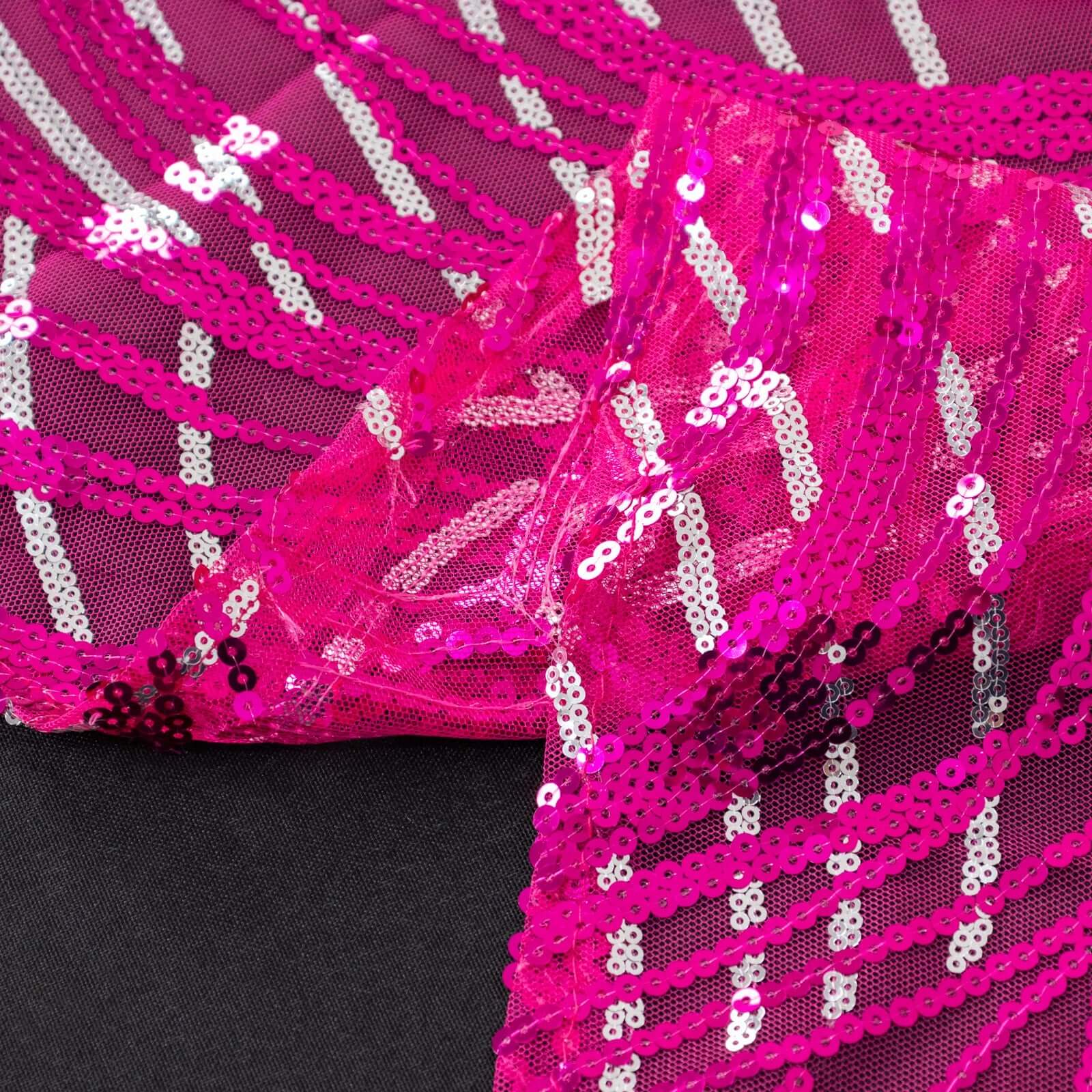 Sequin Mesh 120" Round Tablecloth Fuchsia/Silver - Seamless Wave Embroidered Table Cover
