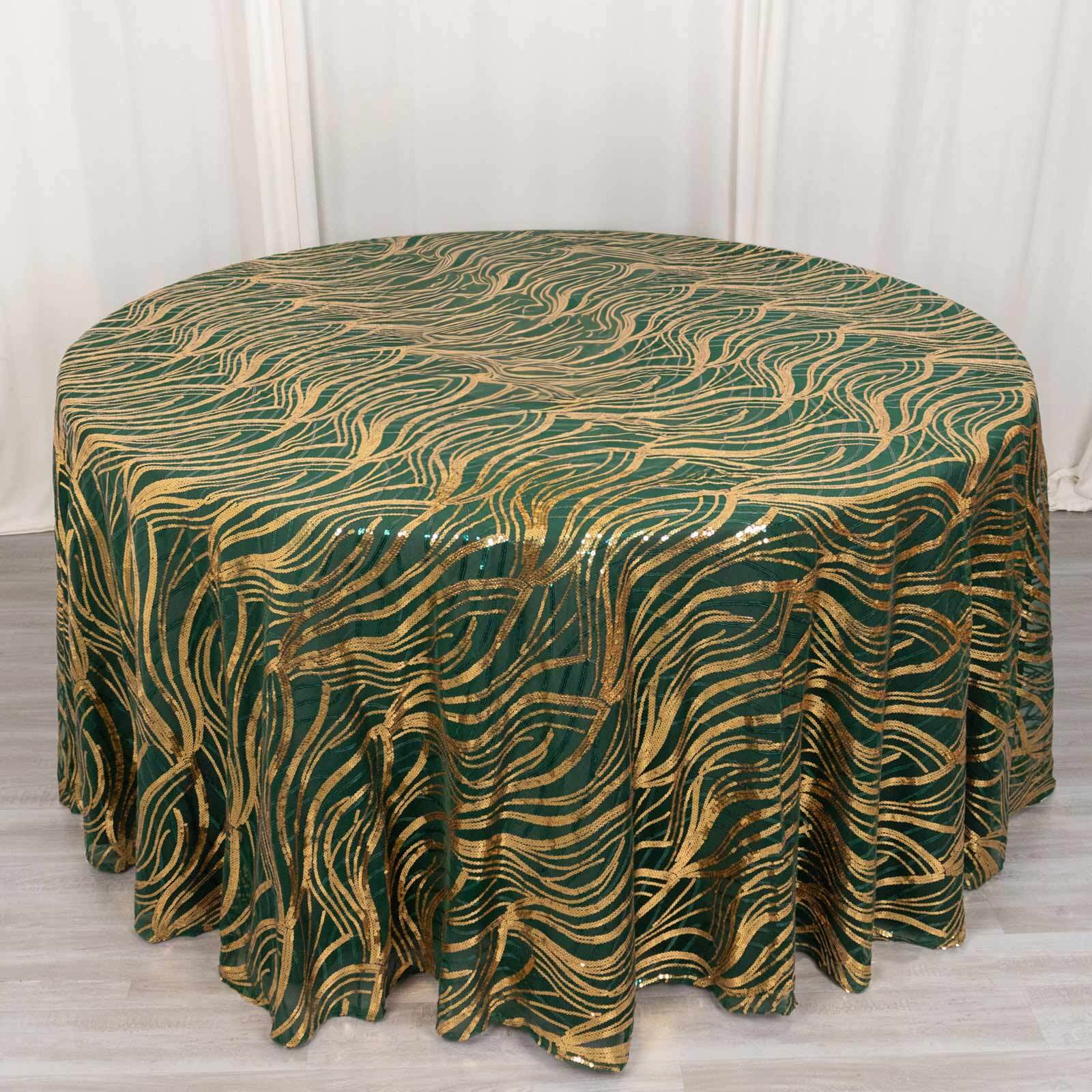 Sequin Mesh 120" Round Tablecloth Hunter Emerald Green/Gold - Seamless Wave Embroidered Table Cover