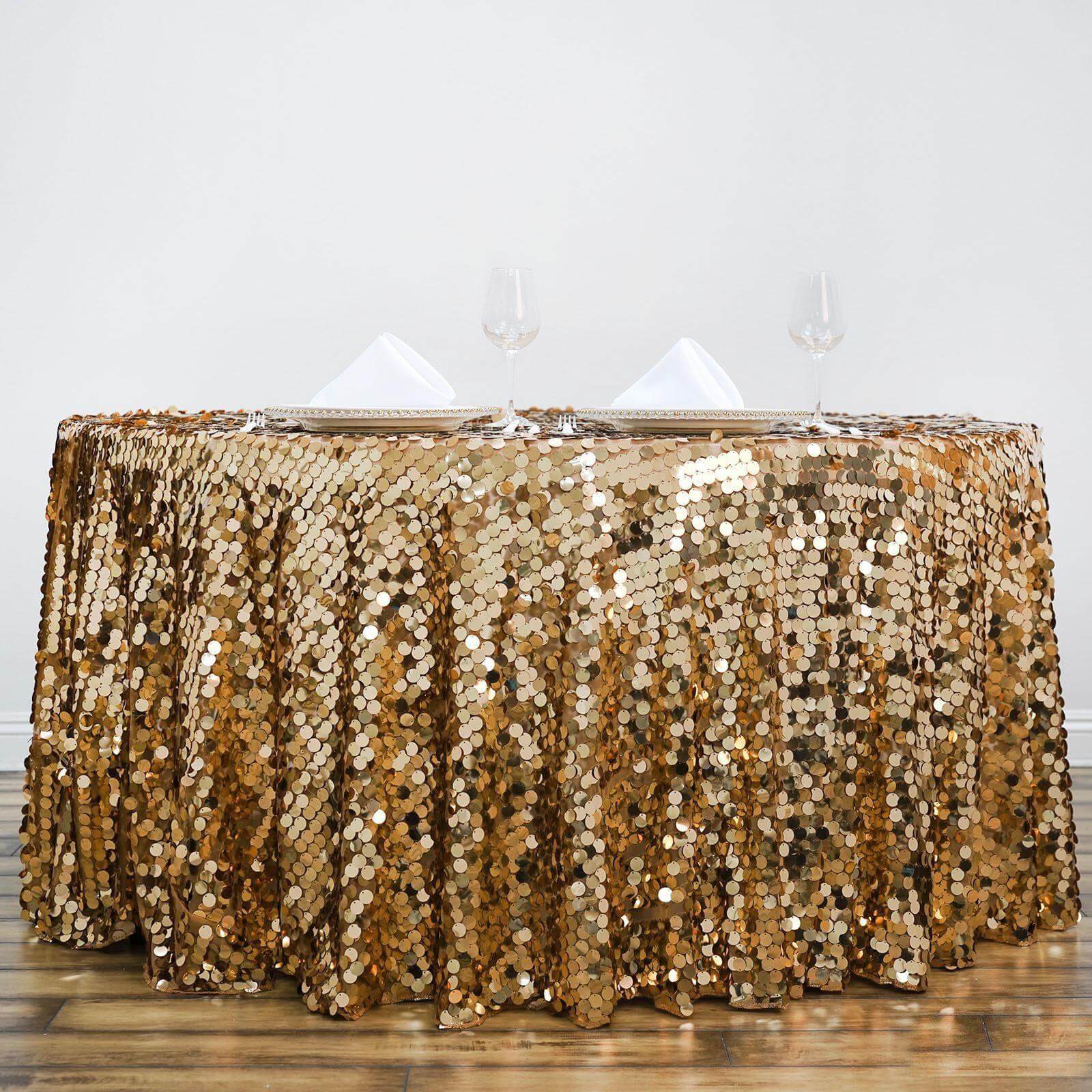 Sequin 120" Round Tablecloth Gold - Seamless Big Payette Design for Luxe Celebrations