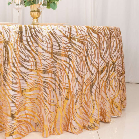 Sequin Mesh 120" Round Tablecloth Rose Gold/Gold - Seamless Wave Embroidered Table Cover