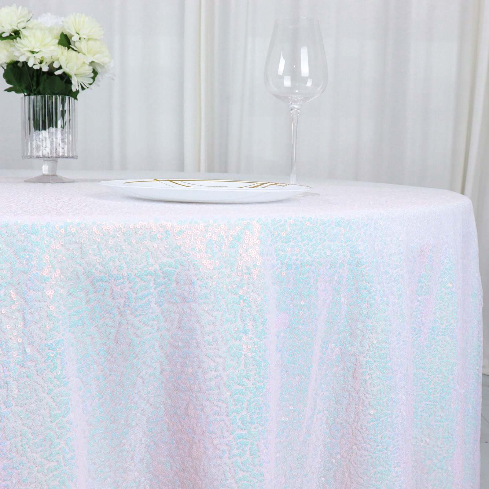 Sequin 120" Round Tablecloth Iridescent Blue - Seamless Glittering Table Cover