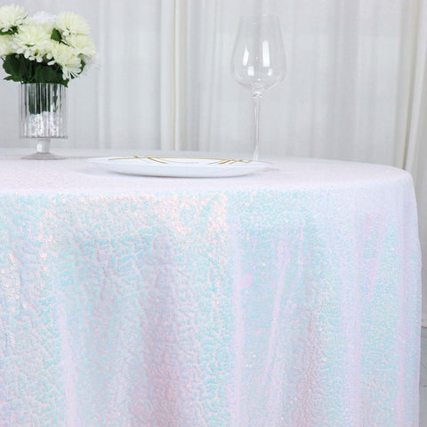 Sequin 120" Round Tablecloth Iridescent Blue - Seamless Glittering Table Cover