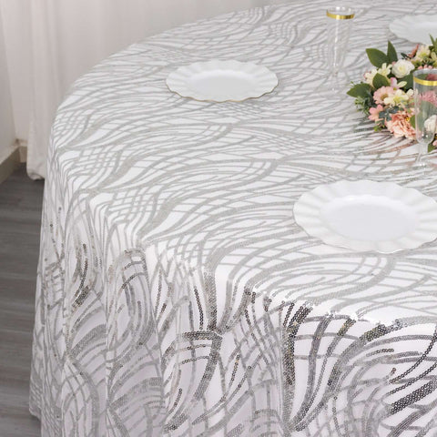 Sequin Mesh 120" Round Tablecloth Silver - Seamless Wave Embroidered Table Cover