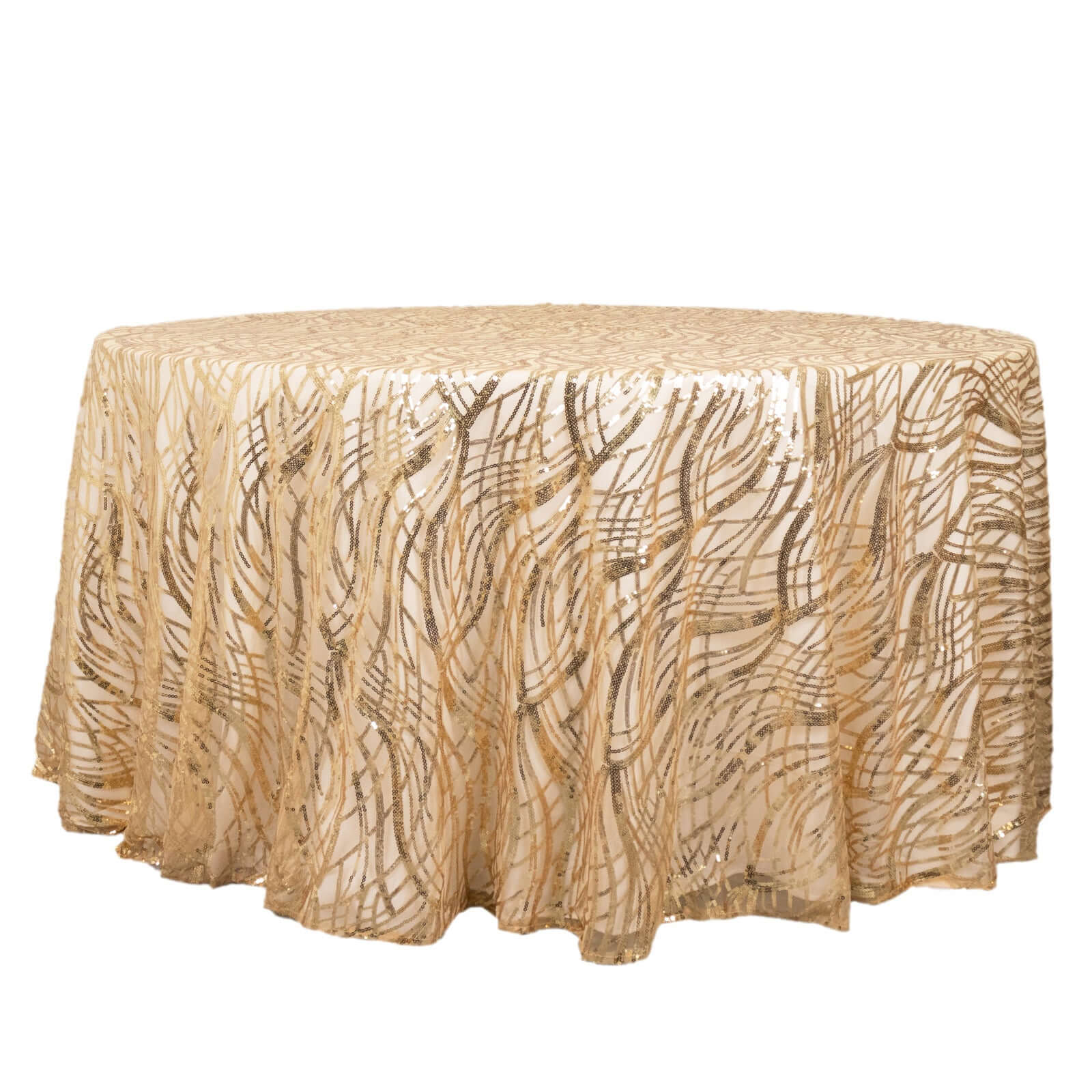 Sequin Mesh 120" Round Tablecloth Champagne - Seamless Wave Embroidered Table Cover