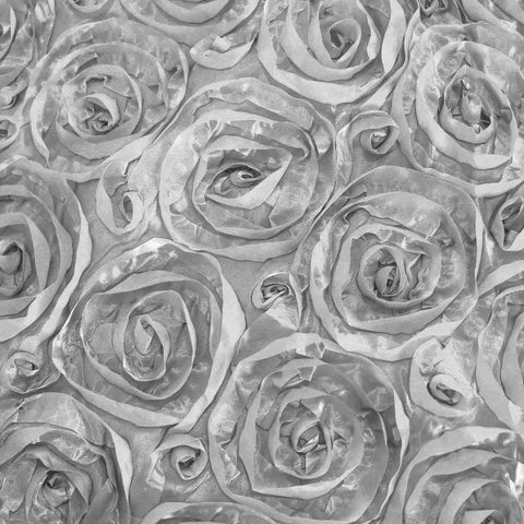 Satin 120" Round Tablecloth Silver - Grandiose 3D Rosette Design with Seamless Finish for Luxe Events