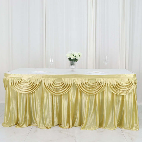 Satin 14ft Table Skirt Champagne - Pleated Double Drape Table Cover