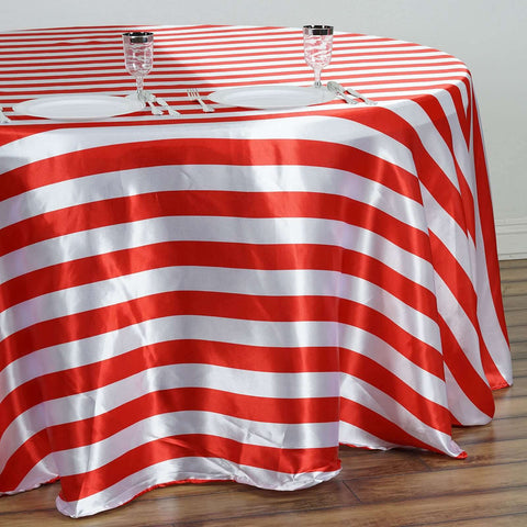 Satin 120" Round Tablecloth Red/White - Stripe Design with Seamless Silky Smooth Finish Table Cover