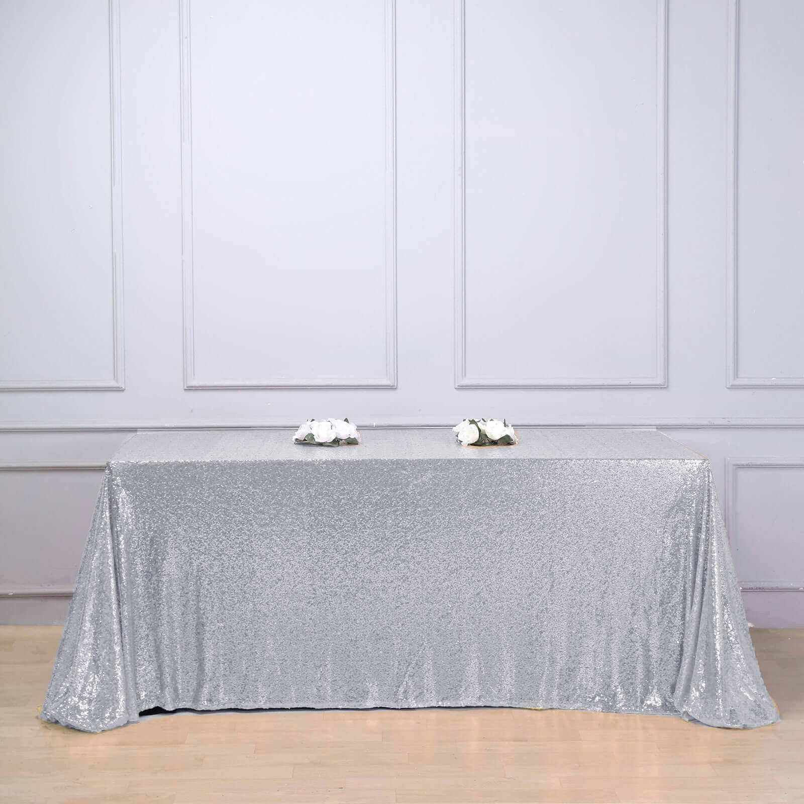 Sequin 90"x156" Rectangle Tablecloth Silver - Seamless Twinkling Table Cover