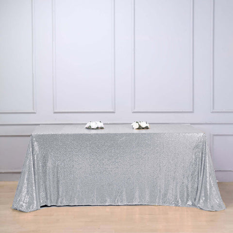 Sequin 90"x156" Rectangle Tablecloth Silver - Seamless Twinkling Table Cover