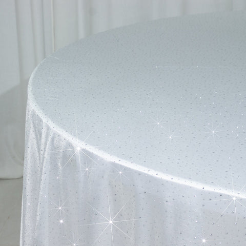 Scuba Round Tablecloth 120″ White with Rhinestone Accents – Seamless, Wrinkle-Free, Stain-Resistant Event Linen