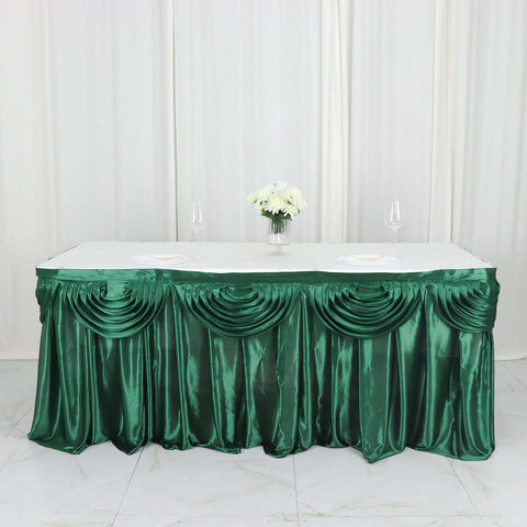 Satin 14ft Table Skirt Hunter Emerald Green - Pleated Double Drape Table Cover
