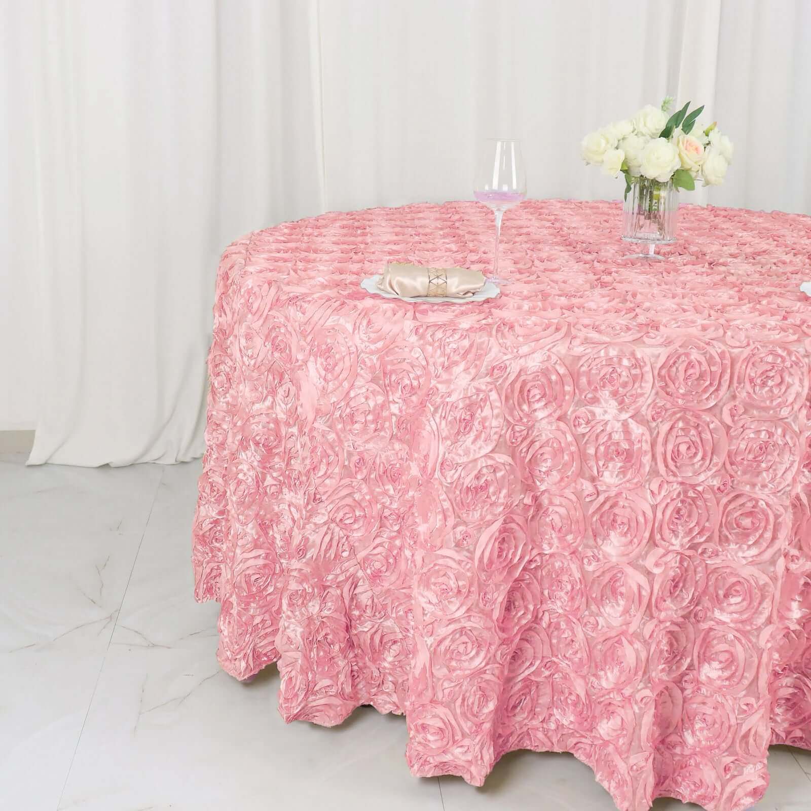 Satin 120" Round Tablecloth Pink - Grandiose 3D Rosette with Seamless Finish Table Cover