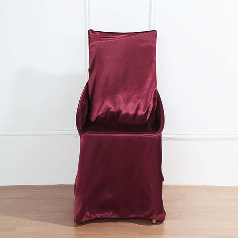 Satin Chair Cover Self-Tie Universal Design Burgundy - Durable Slip-On Cover for Folding, Dining, Banquet & Standard Chairs