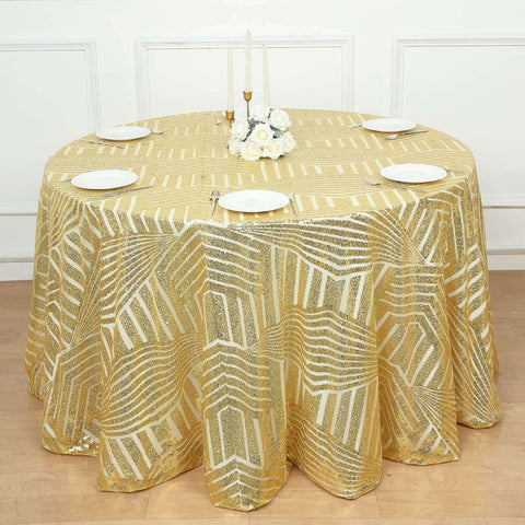 Sequin 120" Round Tablecloth Gold - Seamless Diamond Glitz Design for Glamorous Gatherings