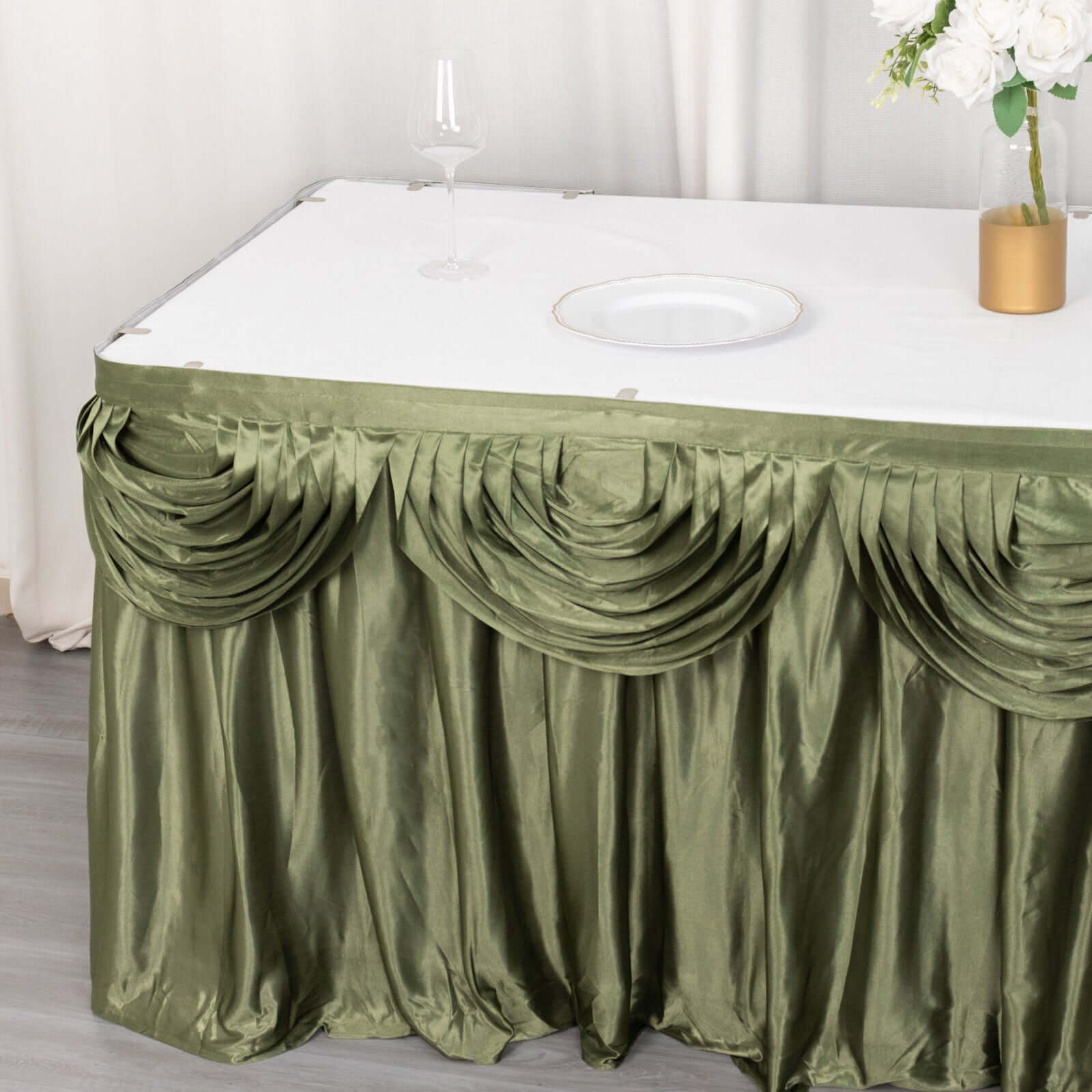 Satin 14ft Table Skirt Dusty Sage Green - Pleated Double Drape Table Cover