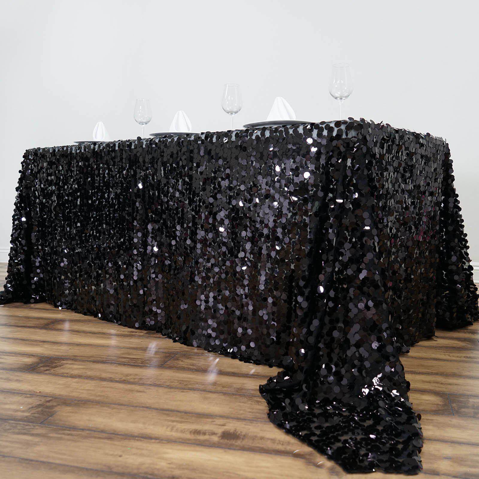 Sequin 90"x132" Rectangle Tablecloth Black - Seamless Big Payette Design for Sophisticated Occasions