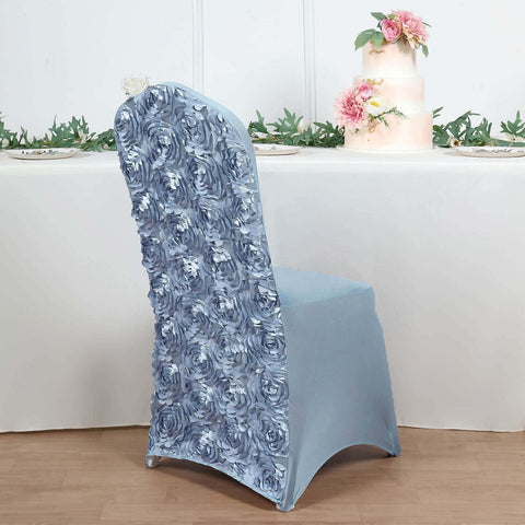 Satin Rosette Chair Cover for Banquet Chairs Dusty Blue - Stretch Fitted Slip-On Slipcover