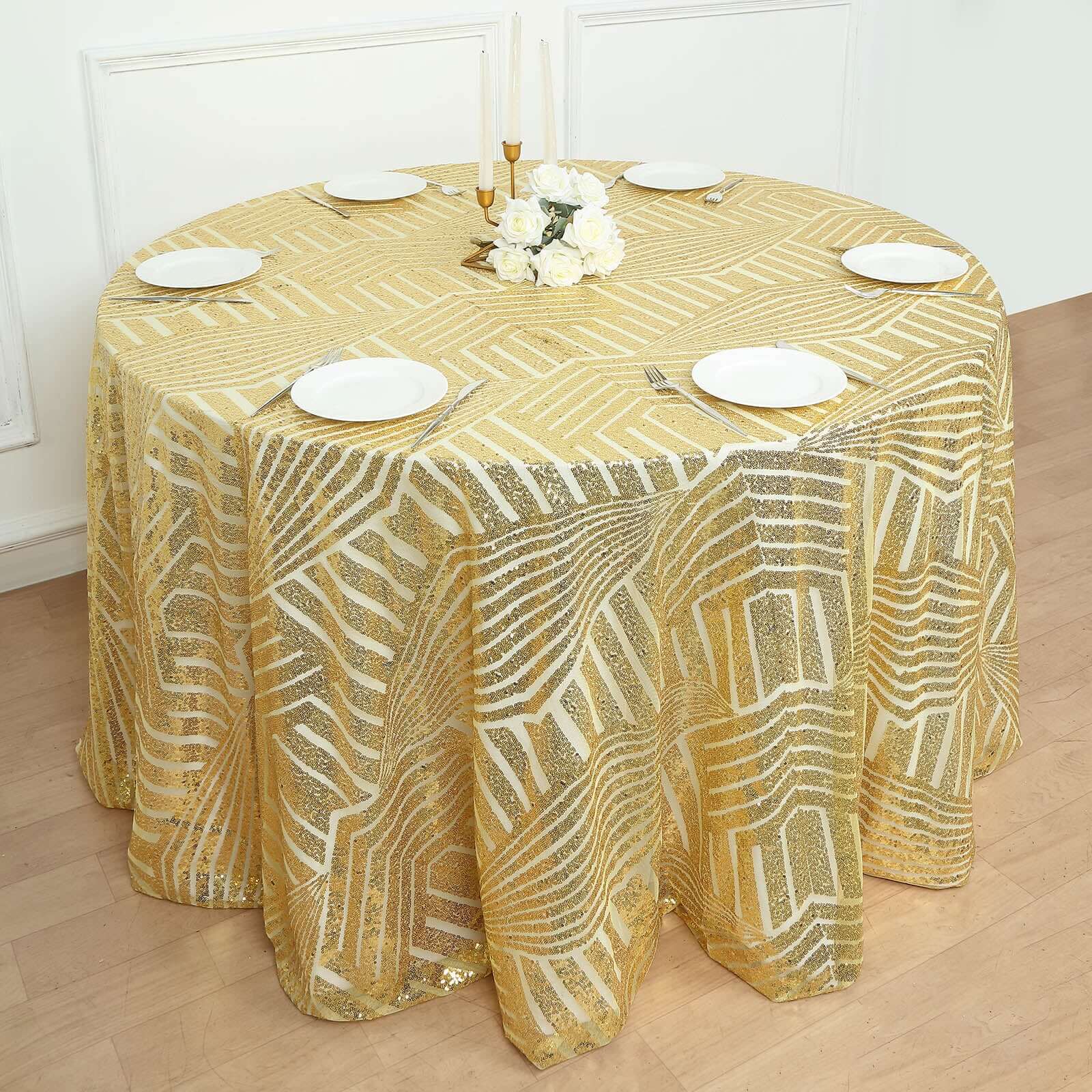 Sequin 120" Round Tablecloth Gold - Seamless Diamond Glitz Design for Glamorous Gatherings