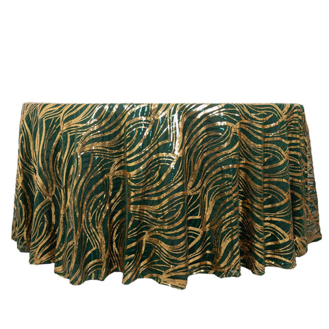 Sequin Mesh 120" Round Tablecloth Hunter Emerald Green/Gold - Seamless Wave Embroidered Table Cover