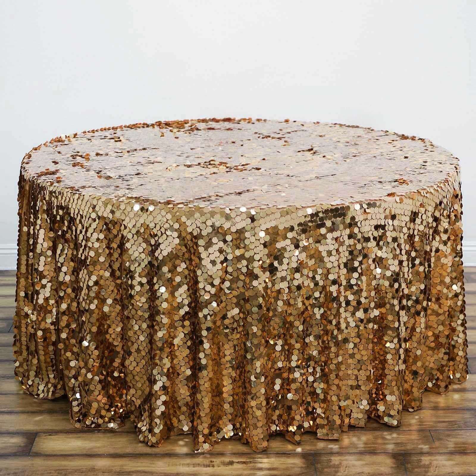 Sequin 120" Round Tablecloth Gold - Seamless Big Payette Design for Luxe Celebrations