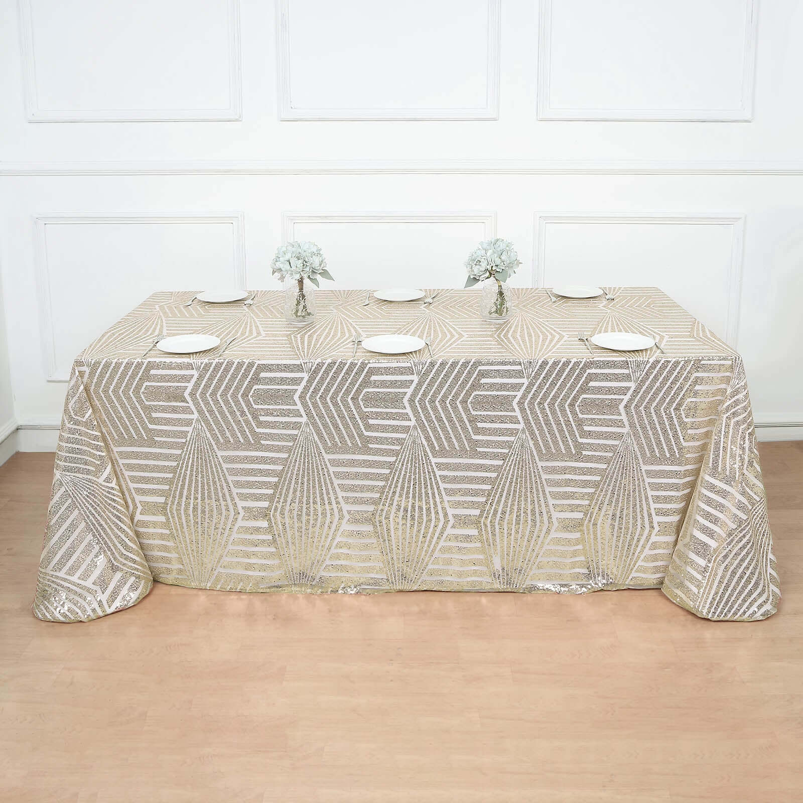 Sequin 90"x132" Rectangle Tablecloth Champagne - Seamless Diamond Design Table Cover