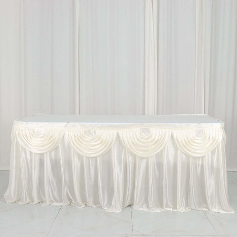 Satin 14ft Table Skirt Ivory - Pleated Double Drape Table Cover