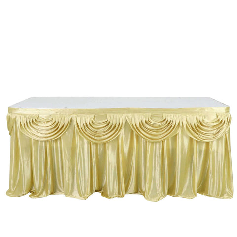 Satin 14ft Table Skirt Champagne - Pleated Double Drape Table Cover