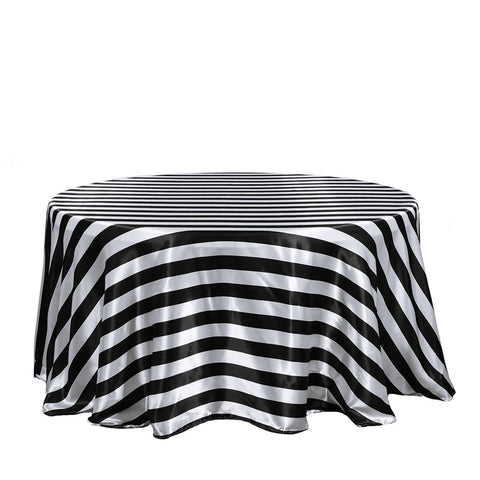 Satin 120" Round Tablecloth Black/White - Stripe Design with Seamless Silky Smooth Finish Table Cover