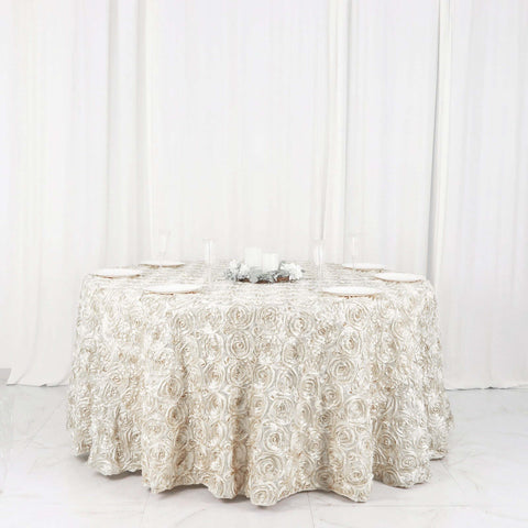 Satin 120" Round Tablecloth Ivory - Grandiose 3D Rosette with Seamless Finish Table Cover