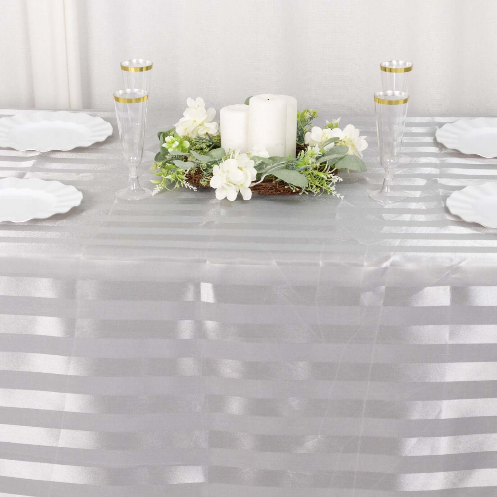 Satin Striped 90"x132" Rectangular Tablecloth Silver - Seamless Silky Smooth Table Cover