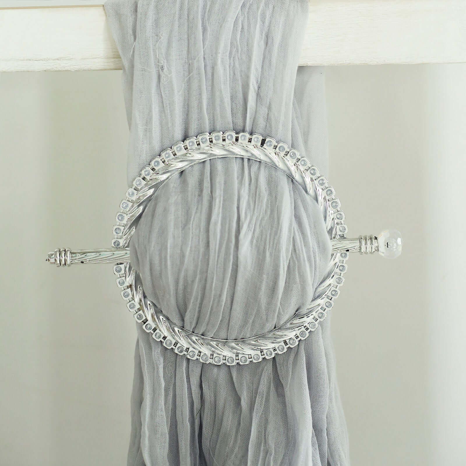 Set of 2 6" Silver Acrylic Braided Barrette Style Curtain Tie Backs With Crystal Diamond Studded Edge, Round Backdrop Drapery Brooch Holdbacks