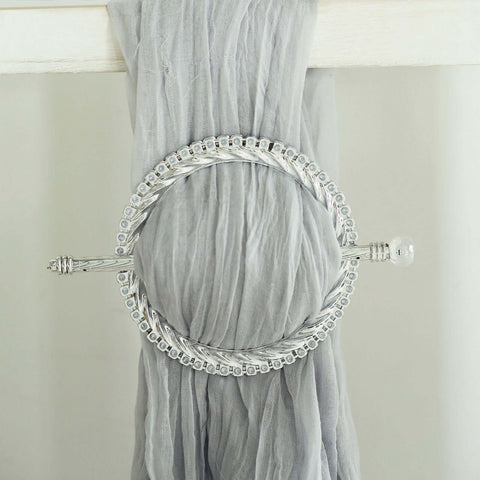 Set of 2 6" Silver Acrylic Braided Barrette Style Curtain Tie Backs With Crystal Diamond Studded Edge, Round Backdrop Drapery Brooch Holdbacks