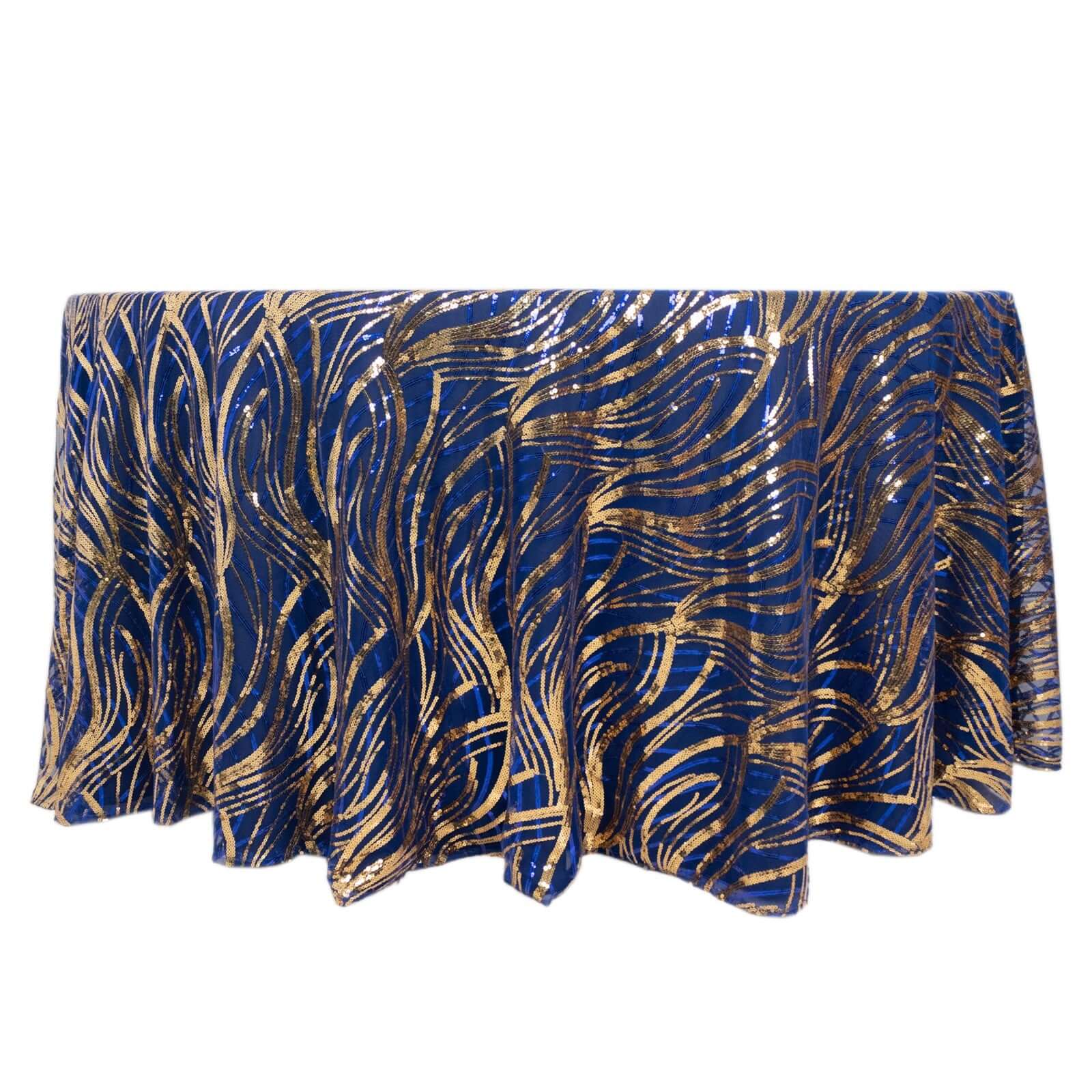 Sequin Mesh 120" Round Tablecloth Royal Blue/Gold - Seamless Wave Embroidered Table Cover