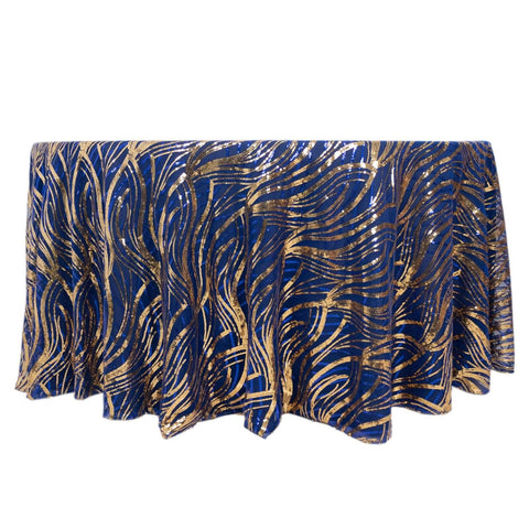 Sequin Mesh 120" Round Tablecloth Royal Blue/Gold - Seamless Wave Embroidered Table Cover