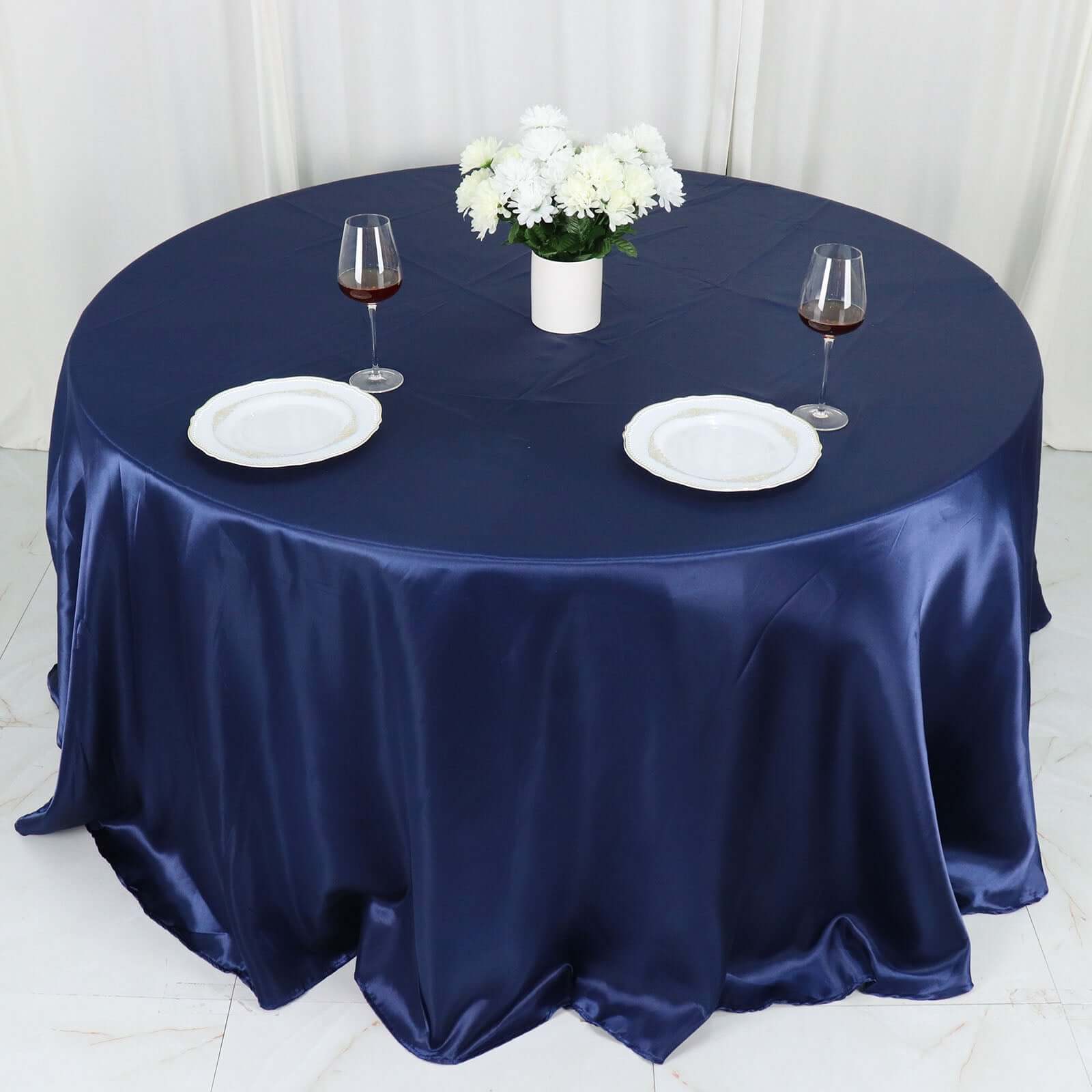Satin 132" Round Tablecloth Navy Blue - Stylish Seamless Table Cover