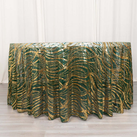 Sequin Mesh 120" Round Tablecloth Hunter Emerald Green/Gold - Seamless Wave Embroidered Table Cover