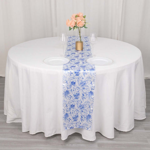 Satin 12"x108" Table Runner White with Blue French Toile Floral Pattern - Refined Style for Upscale Events